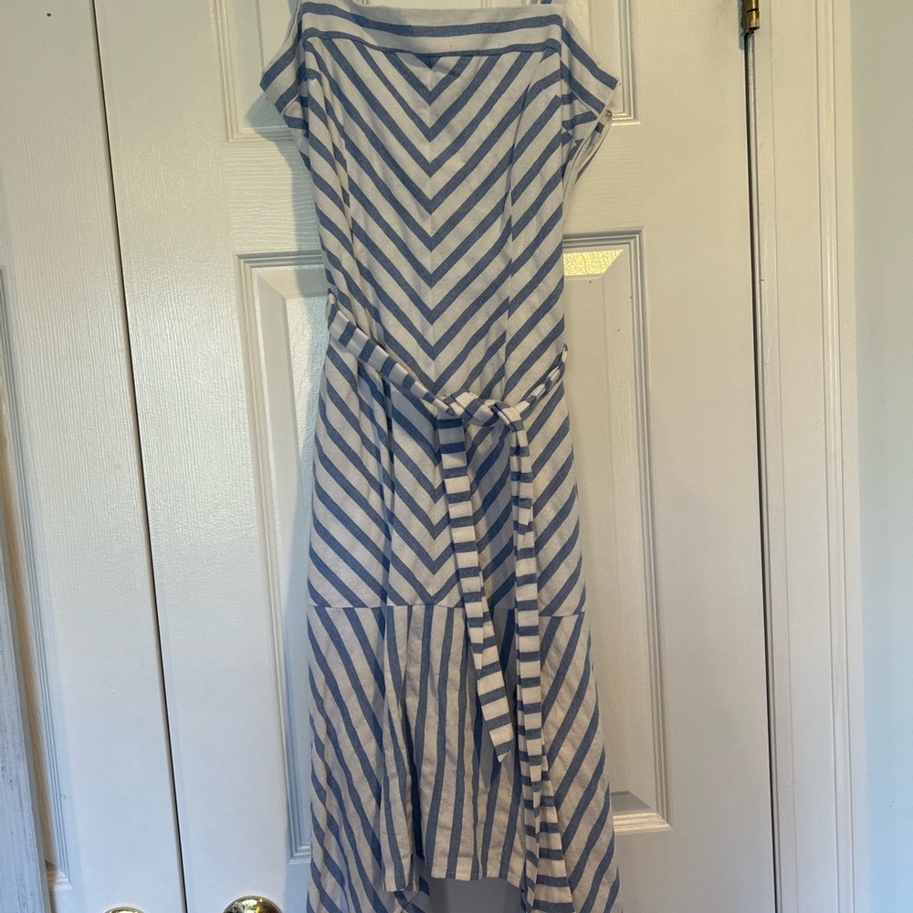 Daniel Cremieux Blue and White Striped Midi Dress with Waist Tie